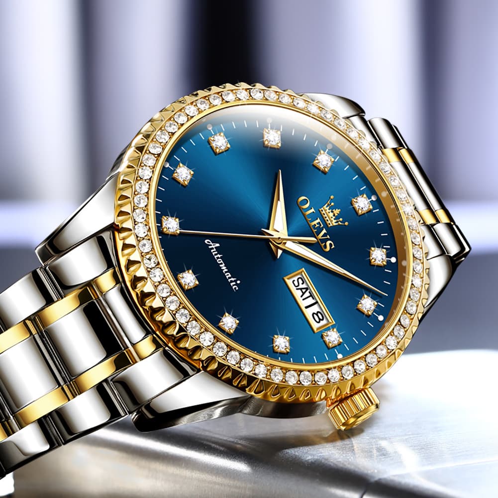 OLEVS 7003 Diamond Bezel Day Date Mechanical Watch for Men - All Gold Watch | Olevs Watch Store