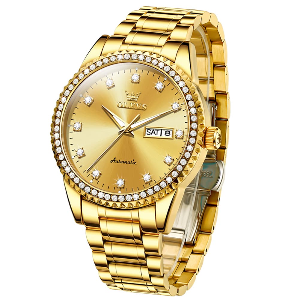 OLEVS 7003 Diamond Bezel Day Date Mechanical Watch for Men - All Gold Watch | Olevs Watch Store