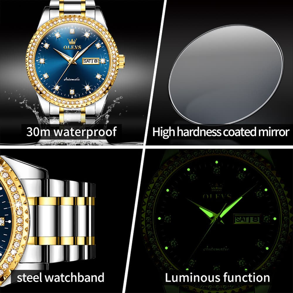 OLEVS 7003 Diamond Bezel Day Date Mechanical Watch for Men - All Gold Watch | Olevs Watch Store