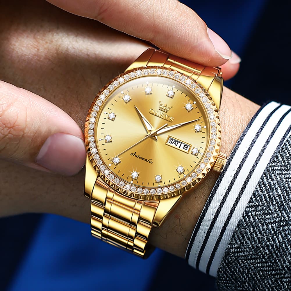 OLEVS 7003 Diamond Bezel Day Date Mechanical Watch for Men - All Gold Watch | Olevs Watch Store