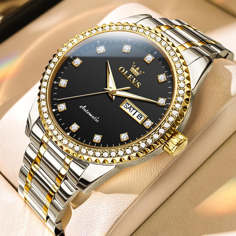 OLEVS 7003 Diamond Bezel Day Date Mechanical Watch for Men - Two Tone Black Watch | Olevs Watch Store