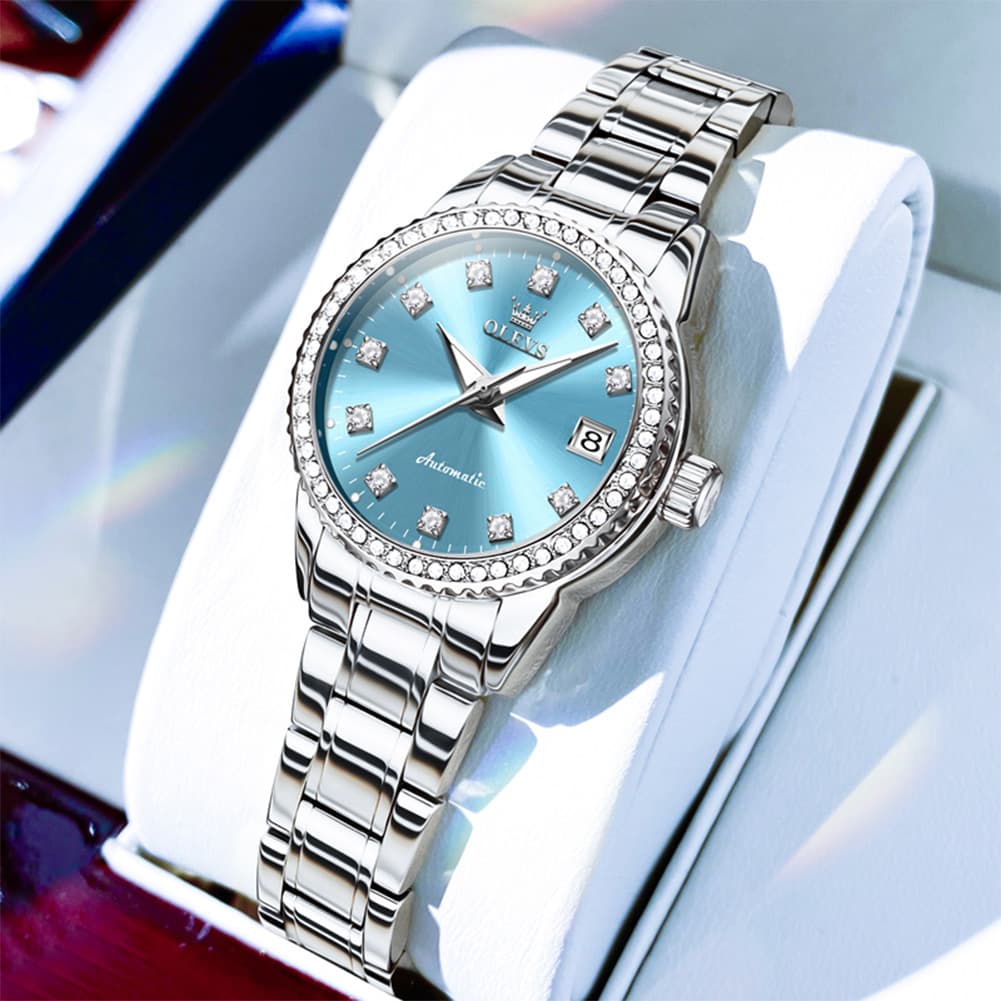OLEVS 7003N Diamond Bezel Date Mechanical Watch for Women - Silver Blue Watch | Olevs Watch Store