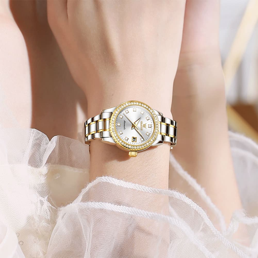 OLEVS 7003N Diamond Bezel Date Mechanical Watch for Women - Silver White Watch | Olevs Watch Store