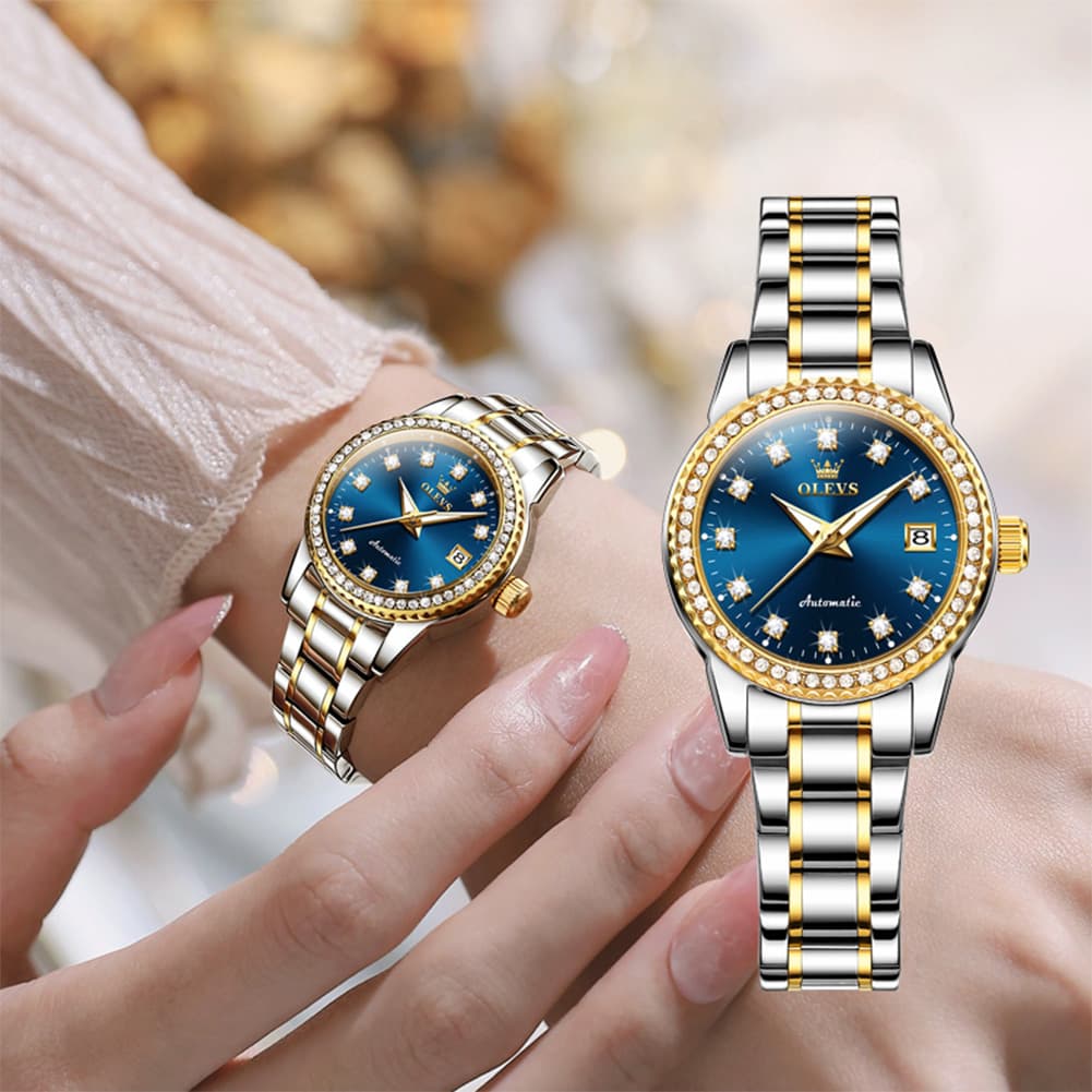 OLEVS 7003N Diamond Bezel Date Mechanical Watch for Women - Silver White Watch | Olevs Watch Store