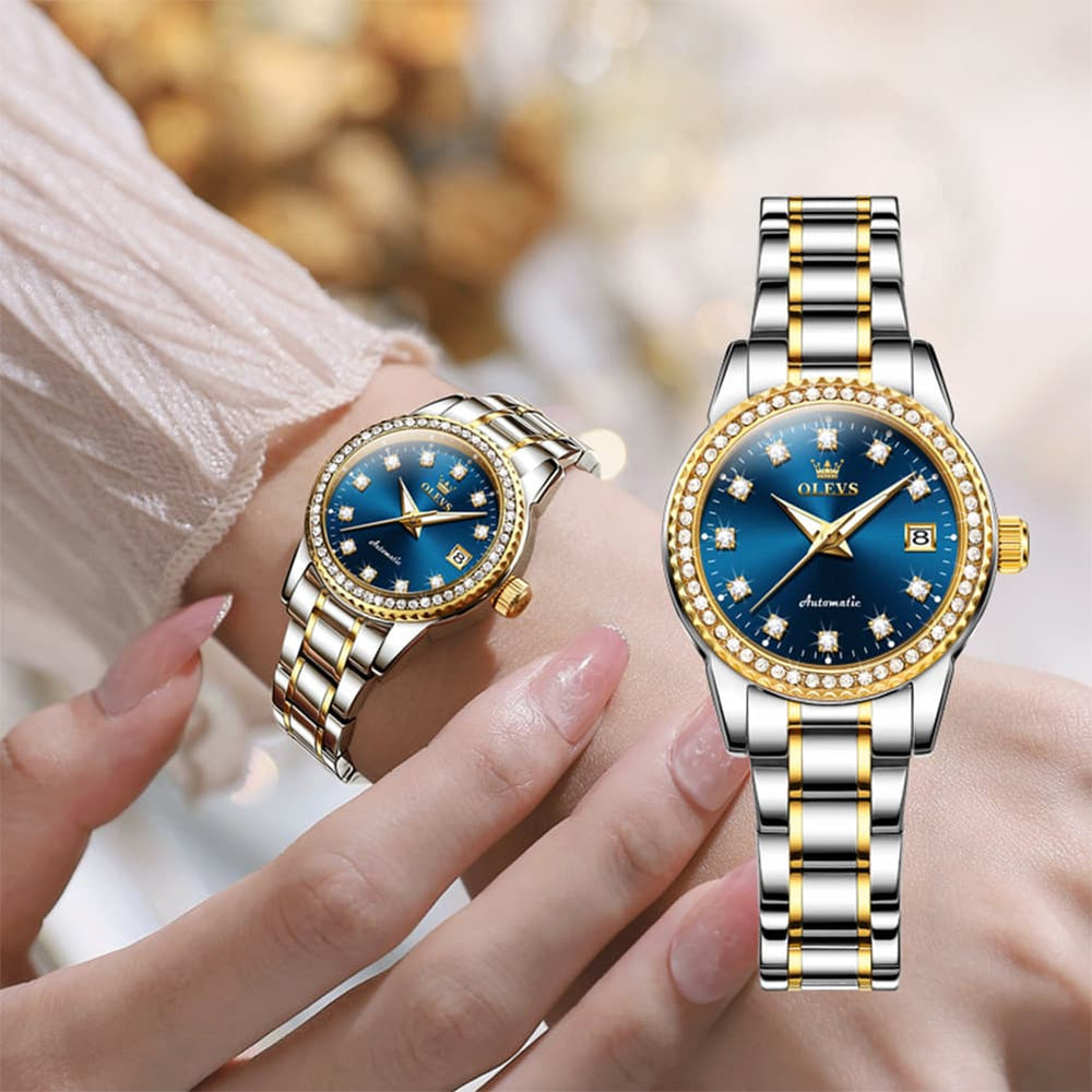 OLEVS 7003N Diamond Bezel Date Mechanical Watch for Women - Silver White Watch | Olevs Watch Store