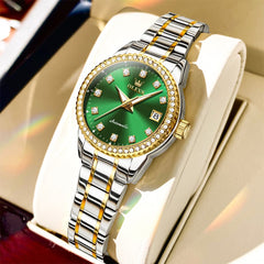 OLEVS 7003N Diamond Bezel Date Mechanical Watch for Women - Two Tone Green Watch | Olevs Watch Store