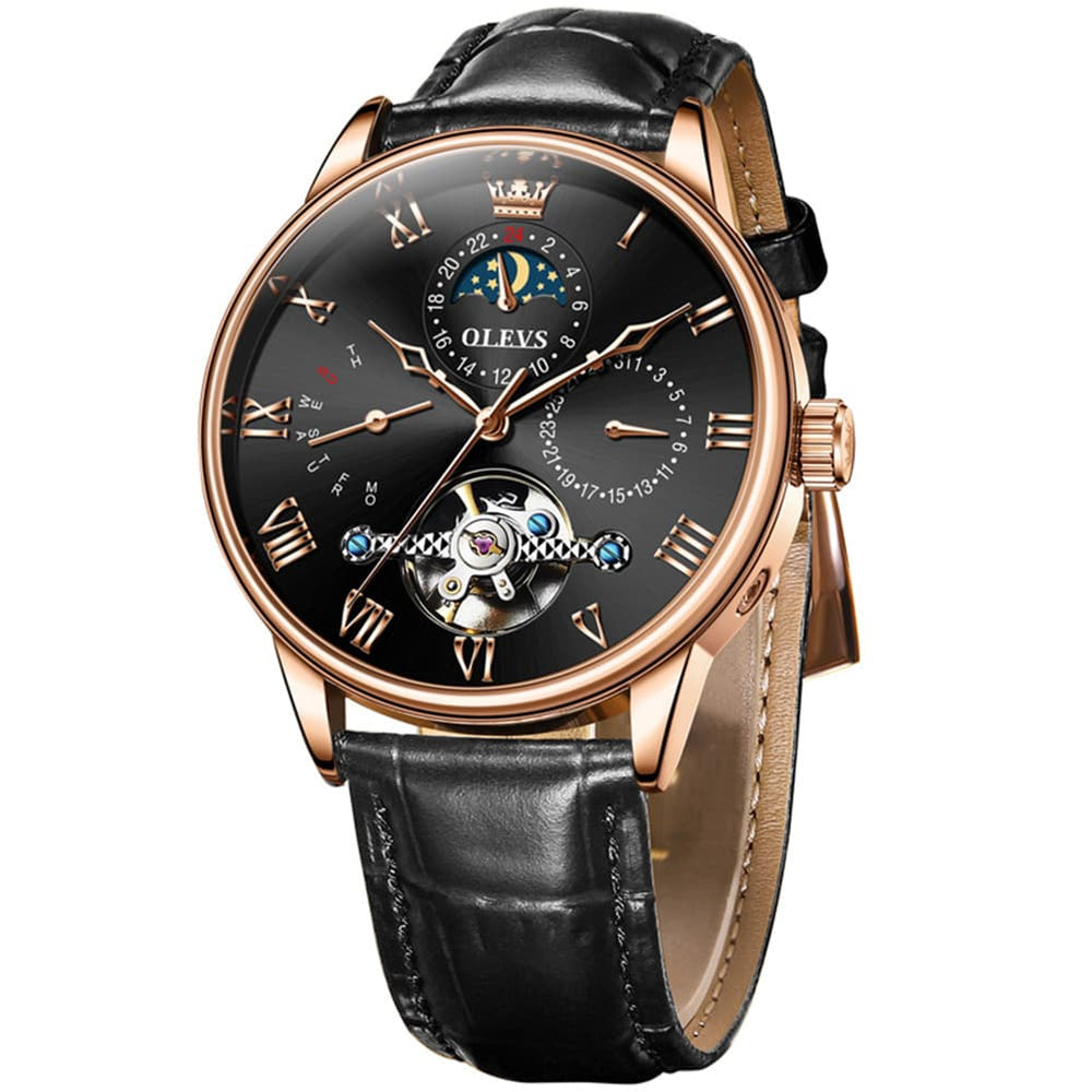 OLEVS 7009 Sun and Moon Skeleton Mechanical Watch for Men - Rose Gold Black Leather Watch | Olevs Watch Store