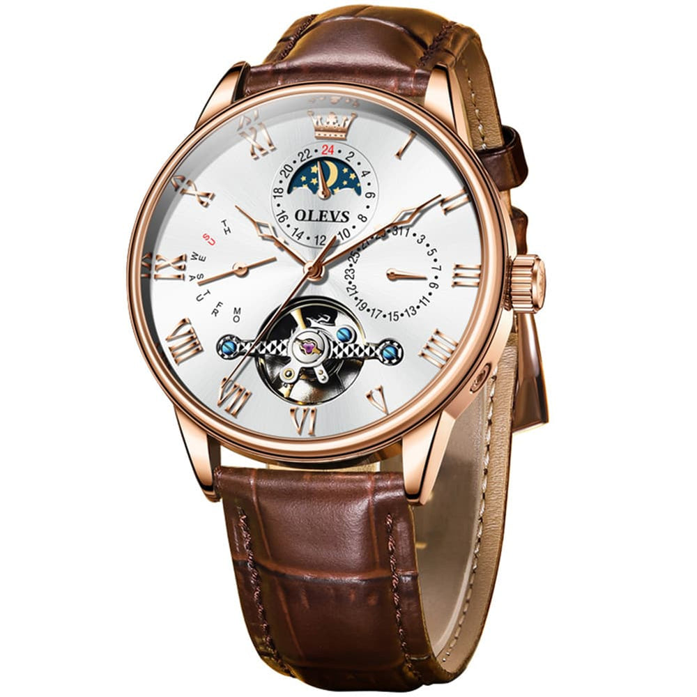OLEVS 7009 Sun and Moon Skeleton Mechanical Watch for Men - Rose Gold White Leather Watch | Olevs Watch Store