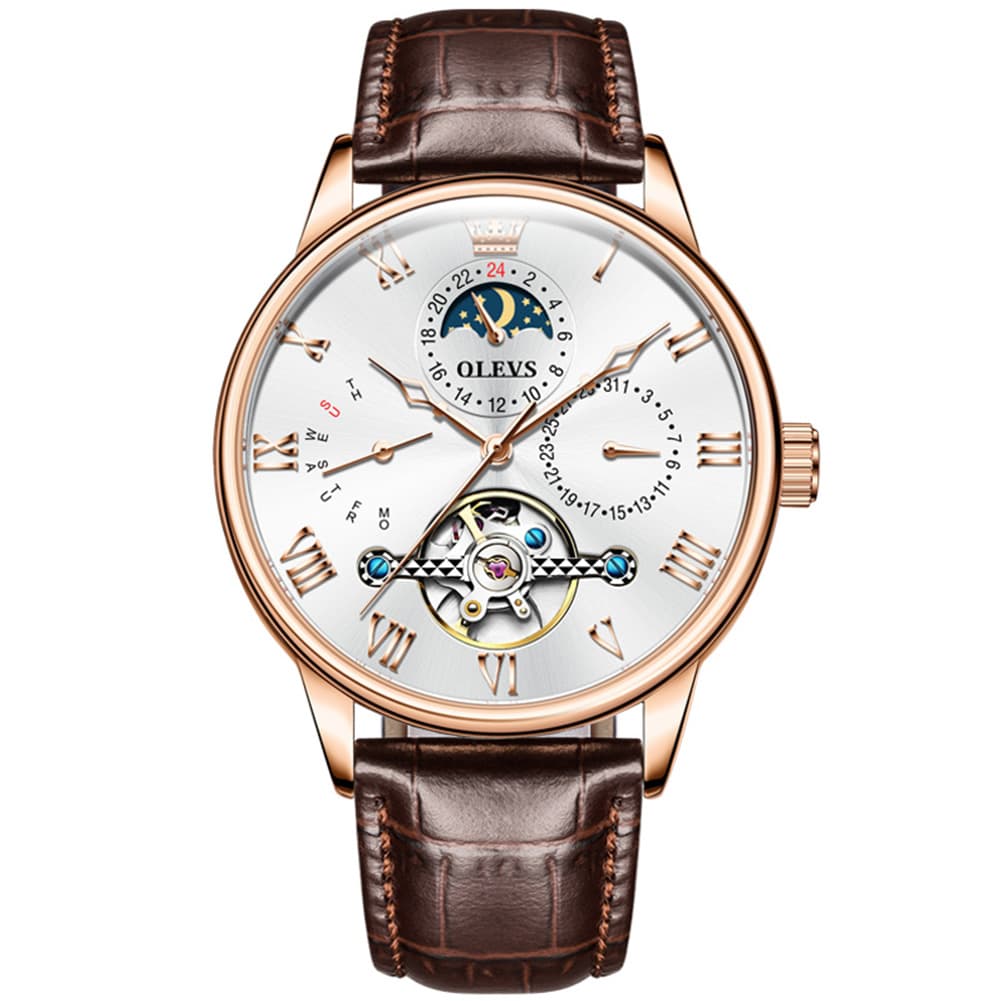 OLEVS 7009 Sun and Moon Skeleton Mechanical Watch for Men - Silver Black Steel Watch | Olevs Watch Store