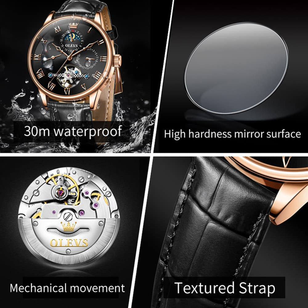 OLEVS 7009 Sun and Moon Skeleton Mechanical Watch for Men - Silver Black Steel Watch | Olevs Watch Store