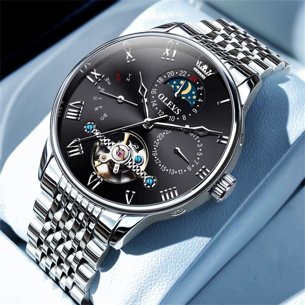 OLEVS 7009 Sun and Moon Skeleton Mechanical Watch for Men - Silver Black Steel Watch | Olevs Watch Store
