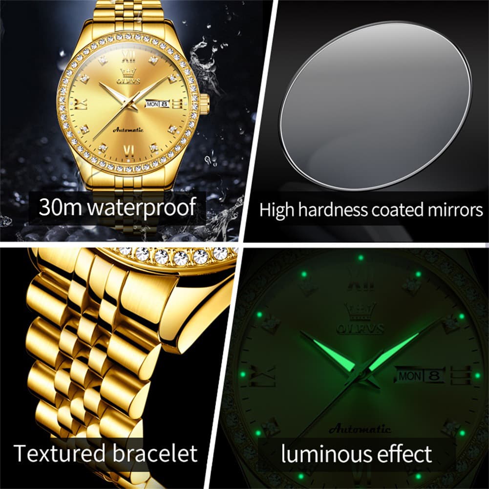 OLEVS 7012 Roman Numerals Diamond Bezel Mechanical Watch for Men - All Gold Watch | Olevs Watch Store