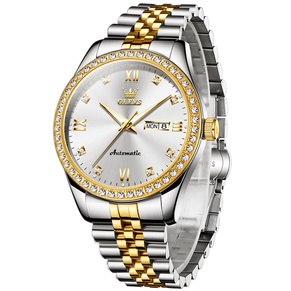 OLEVS 7012 Roman Numerals Diamond Bezel Mechanical Watch for Men - All Gold Watch | Olevs Watch Store