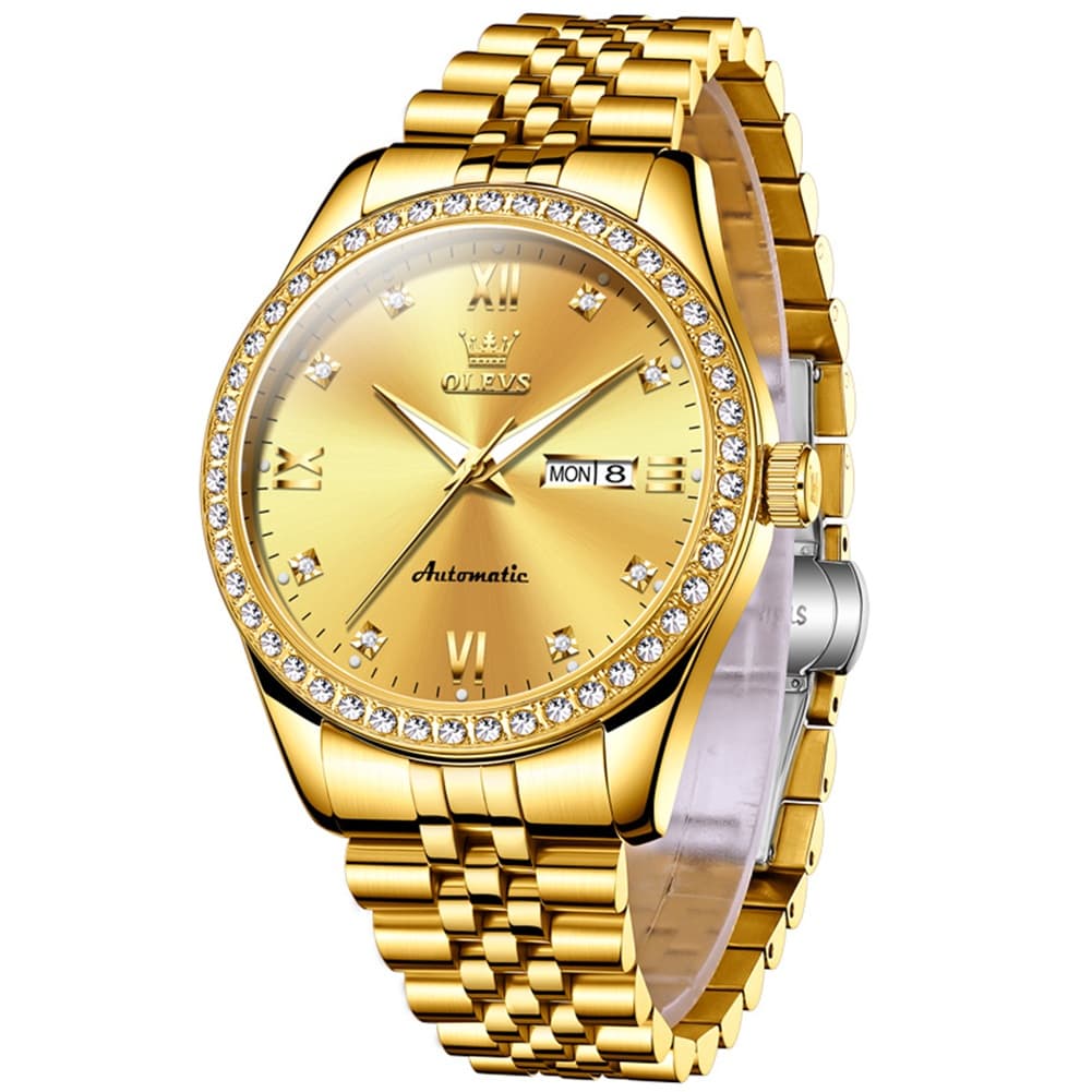 OLEVS 7012 Roman Numerals Diamond Bezel Mechanical Watch for Men - All Gold Watch | Olevs Watch Store