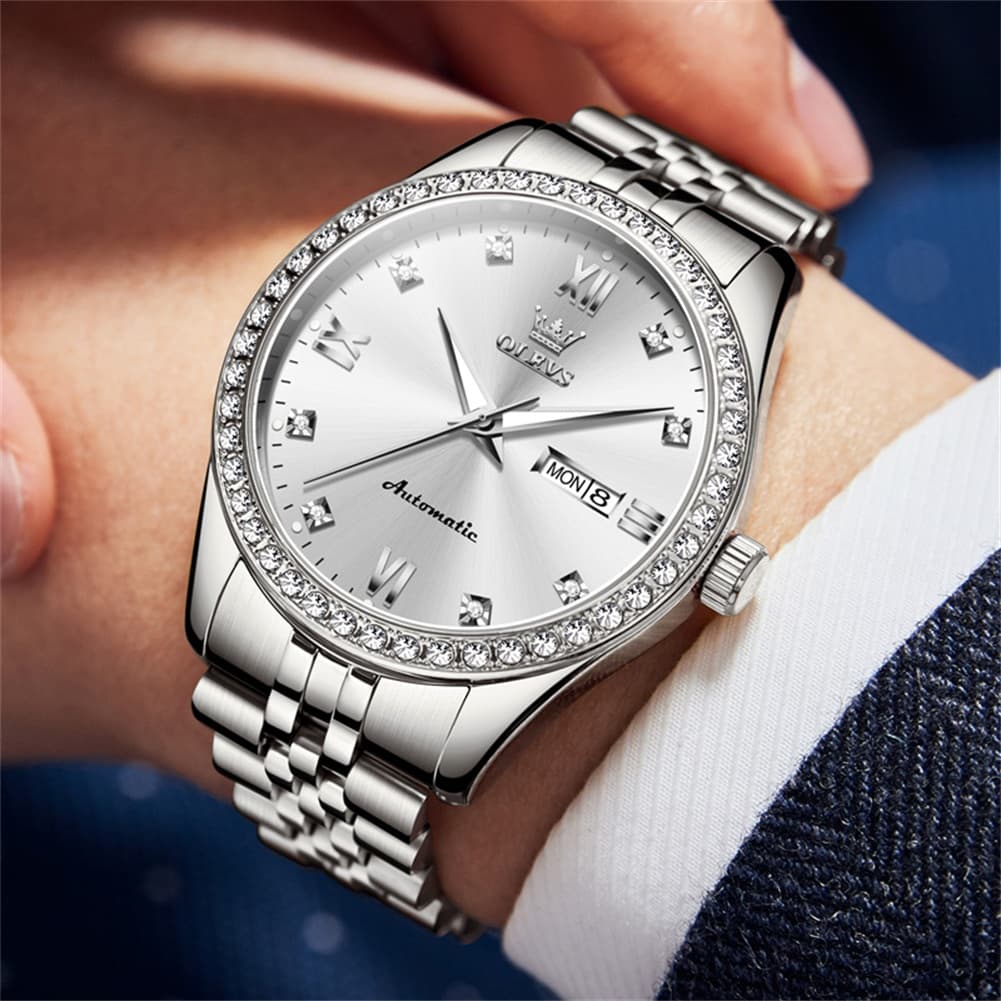 OLEVS 7012 Roman Numerals Diamond Bezel Mechanical Watch for Men - All Gold Watch | Olevs Watch Store