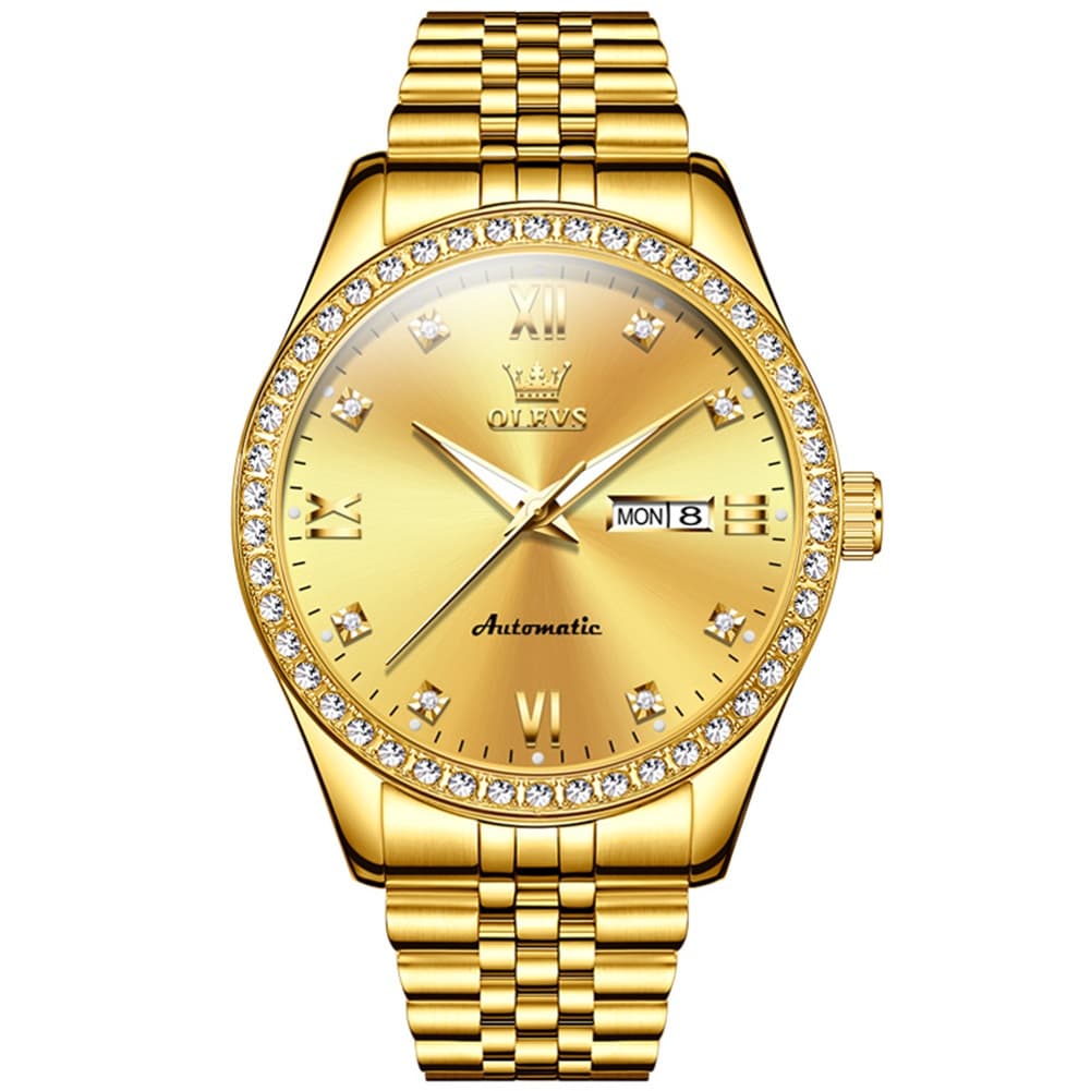 OLEVS 7012 Roman Numerals Diamond Bezel Mechanical Watch for Men - All Gold Watch | Olevs Watch Store