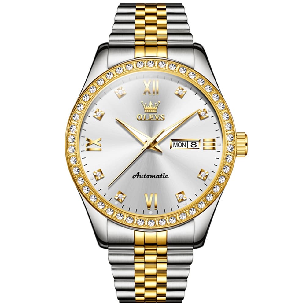 OLEVS 7012 Roman Numerals Diamond Bezel Mechanical Watch for Men - All Gold Watch | Olevs Watch Store