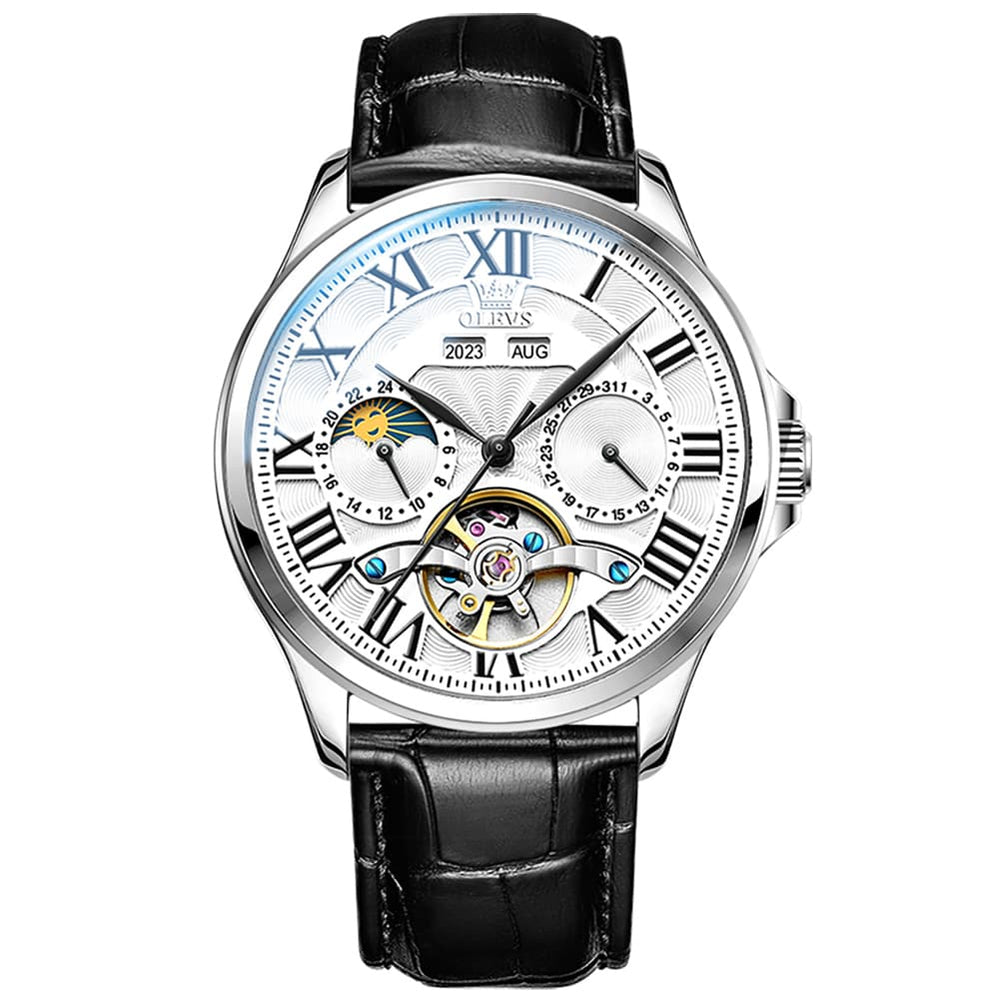 OLEVS 7013 Multi Function Sun and Moon Mechanical Watch for Men - Leather Silver Black Watch | Olevs Watch Store