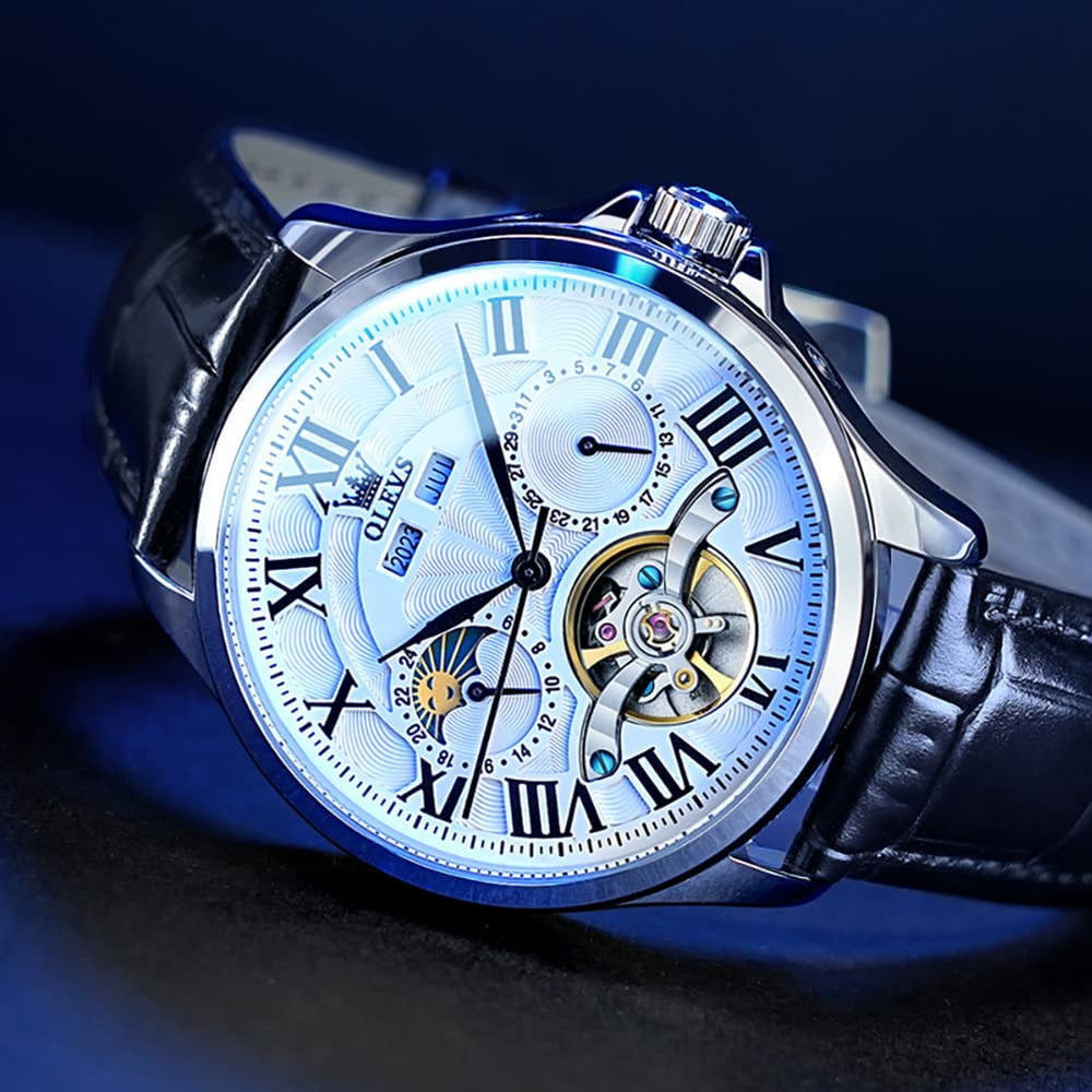 OLEVS 7013 Multi Function Sun and Moon Mechanical Watch for Men - Leather Silver Black Watch | Olevs Watch Store
