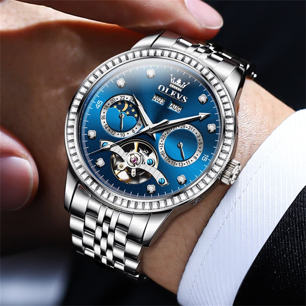 OLEVS 7016 Diamond Multi Function Sun and Moon Mechanical Watch for Men - Silver Blue Watch | Olevs Watch Store