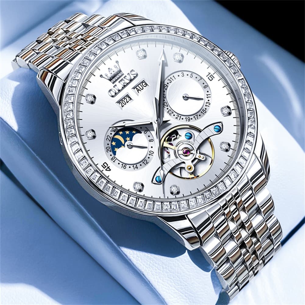 OLEVS 7016 Diamond Multi Function Sun and Moon Mechanical Watch for Men - Silver Blue Watch | Olevs Watch Store