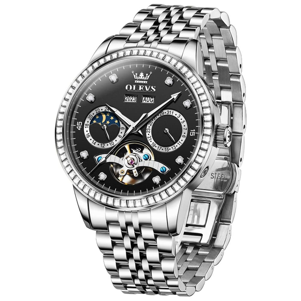 OLEVS 7016 Diamond Multi Function Sun and Moon Mechanical Watch for Men - Silver Blue Watch | Olevs Watch Store