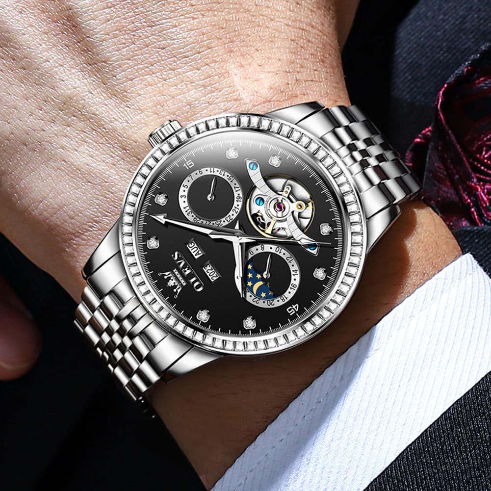 OLEVS 7016 Diamond Multi Function Sun and Moon Mechanical Watch for Men - Silver Blue Watch | Olevs Watch Store