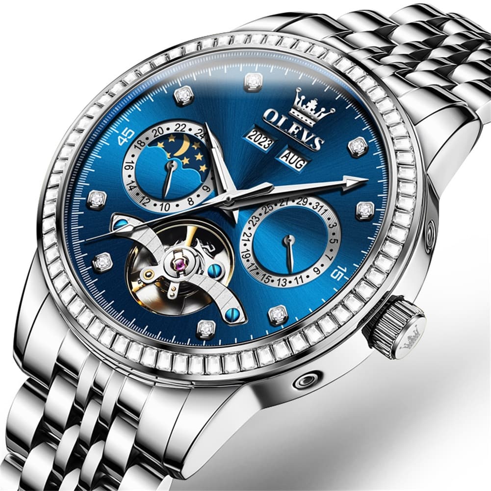 OLEVS 7016 Diamond Multi Function Sun and Moon Mechanical Watch for Men - Silver Blue Watch | Olevs Watch Store