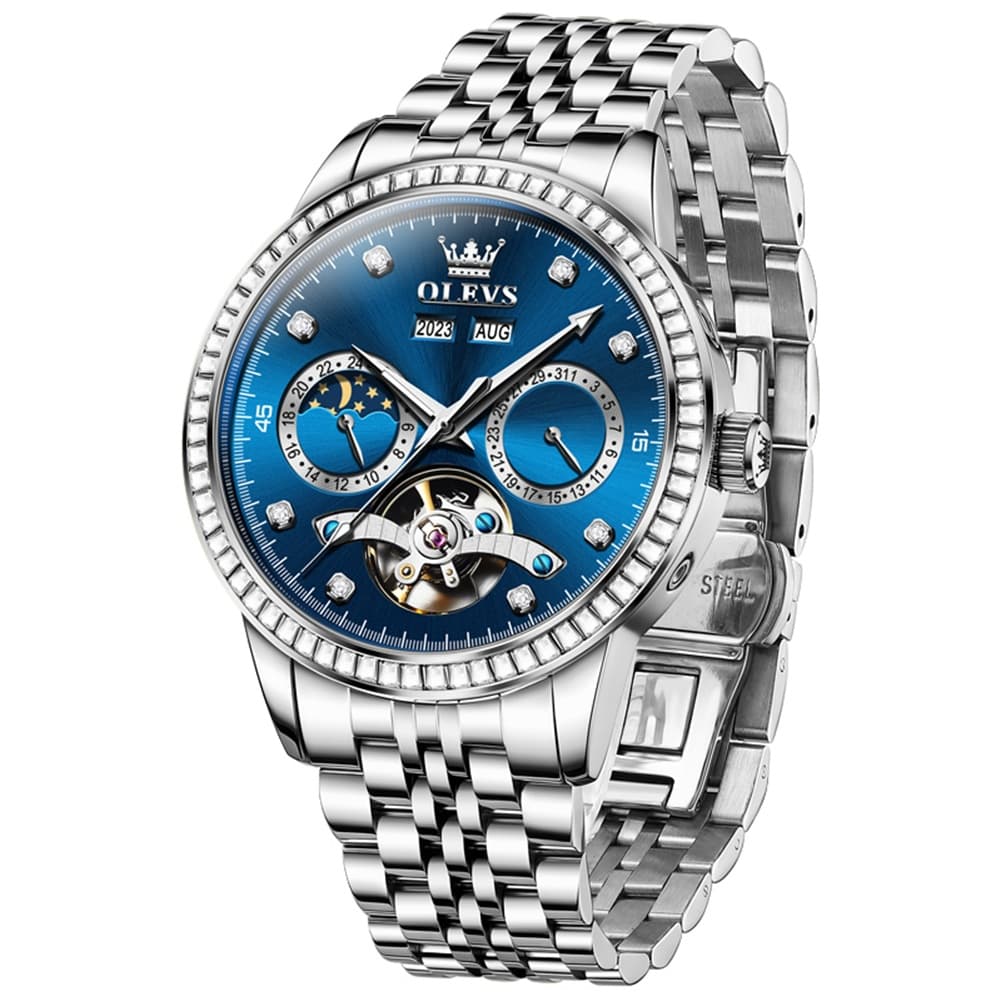 OLEVS 7016 Diamond Multi Function Sun and Moon Mechanical Watch for Men - Silver Blue Watch | Olevs Watch Store