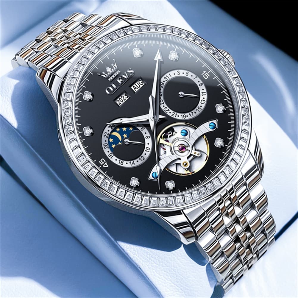 OLEVS 7016 Diamond Multi Function Sun and Moon Mechanical Watch for Men - Silver White Watch | Olevs Watch Store