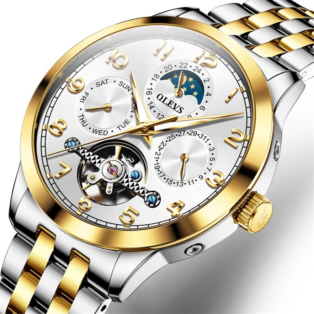 OLEVS 7018 Sun and Moon Skeleton Mechanical Watch for Men - Champagne Watch | Olevs Watch Store