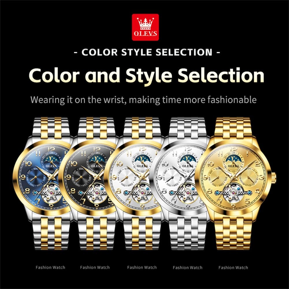 OLEVS 7018 Sun and Moon Skeleton Mechanical Watch for Men - Champagne Watch | Olevs Watch Store