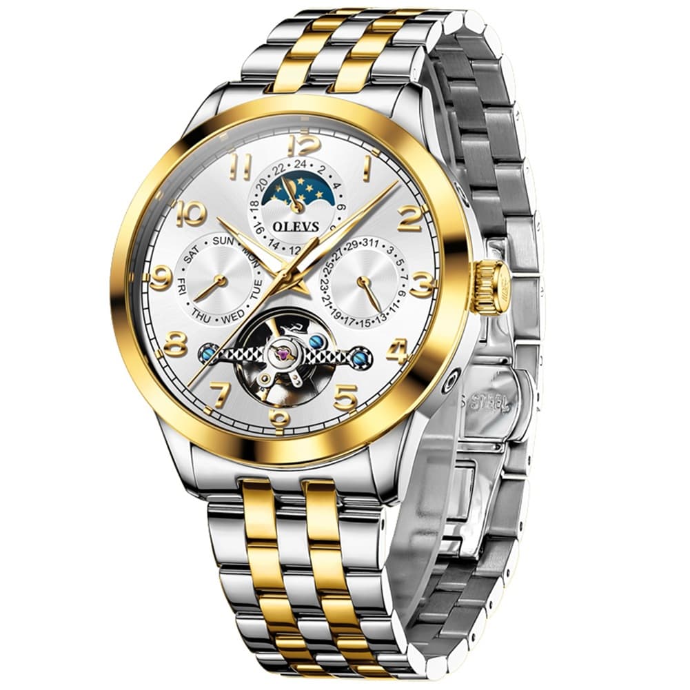 OLEVS 7018 Sun and Moon Skeleton Mechanical Watch for Men - Champagne Watch | Olevs Watch Store