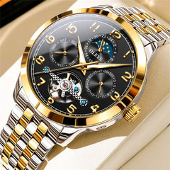 OLEVS 7018 Sun and Moon Skeleton Mechanical Watch for Men - Obsidian Black Watch | Olevs Watch Store