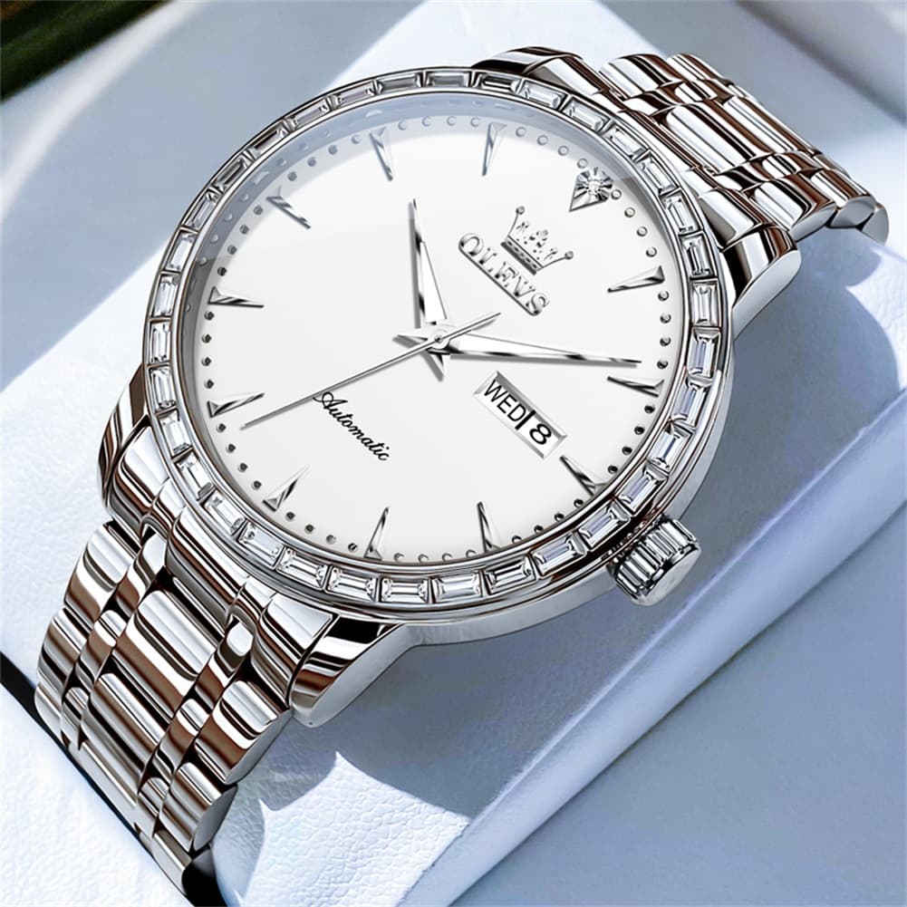 OLEVS 7019 Diamond Bezel Automatic Mechanical Watch For Men - Silver White Watch | Olevs Watch Store