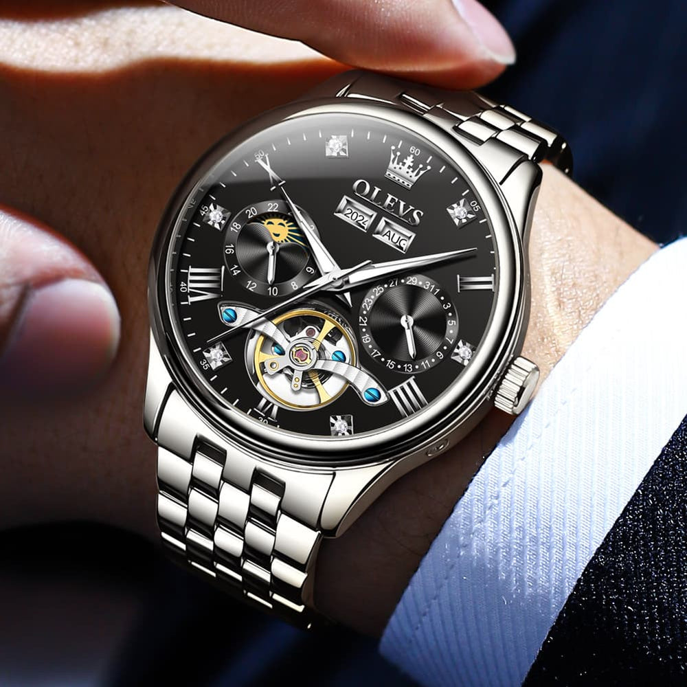 OLEVS 7023 Skeleton Moon Phase Automatic Watch for Men - All Gold Watch | Olevs Watch Store