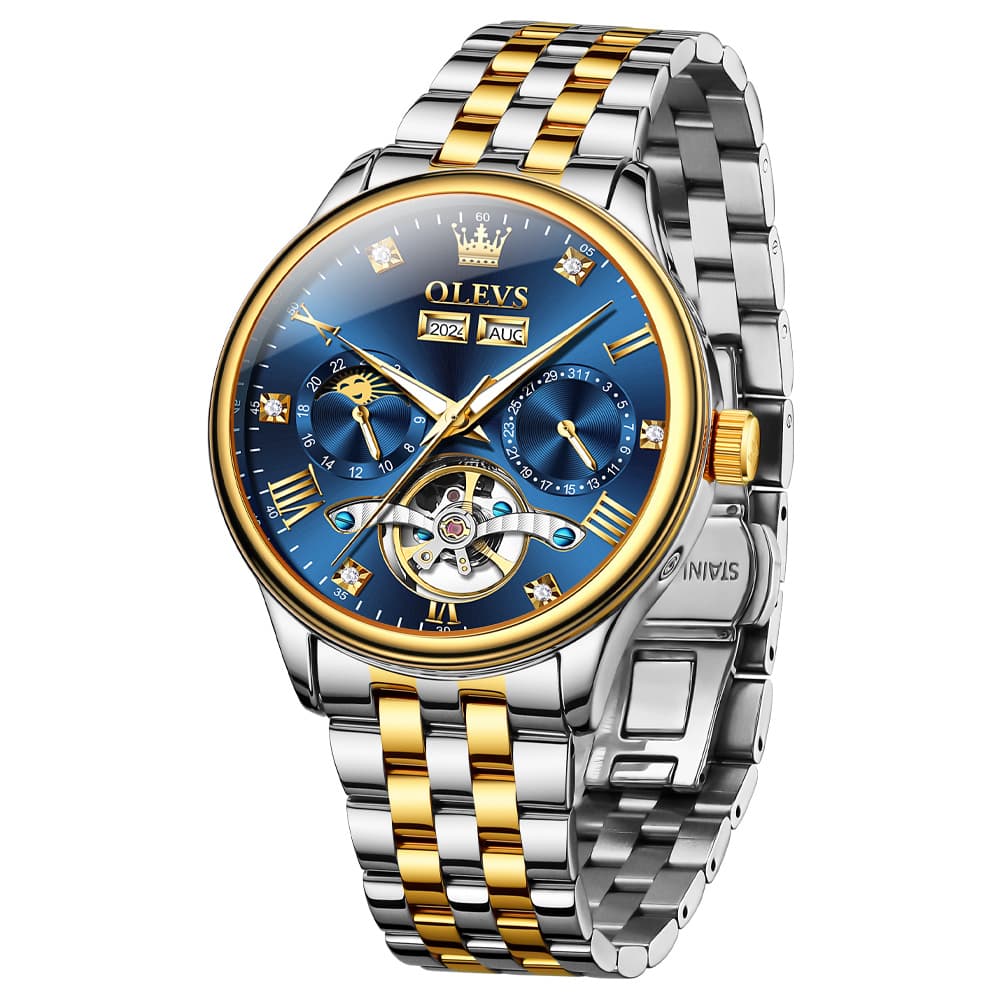 OLEVS 7023 Skeleton Moon Phase Automatic Watch for Men - All Gold Watch | Olevs Watch Store