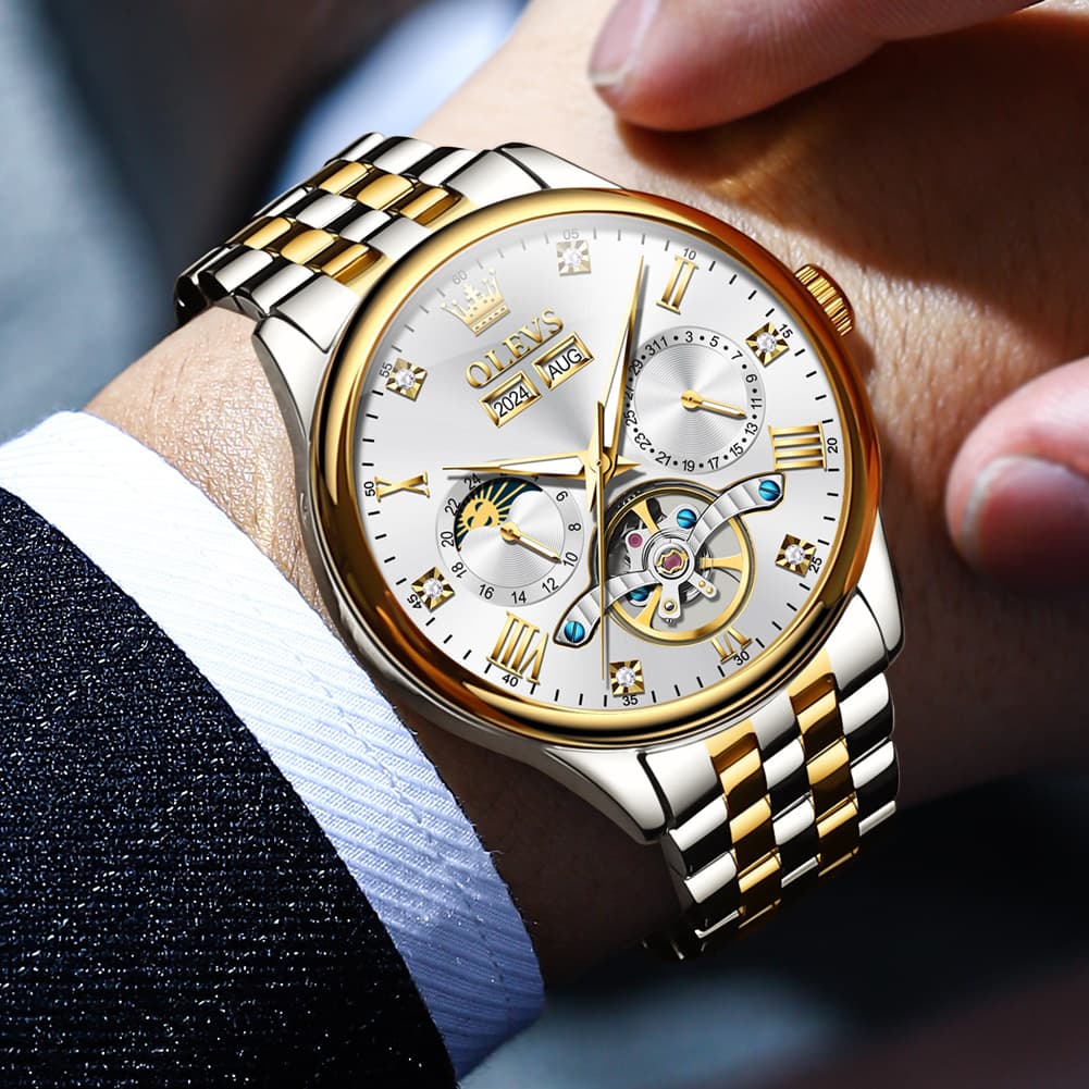 OLEVS 7023 Skeleton Moon Phase Automatic Watch for Men - All Gold Watch | Olevs Watch Store