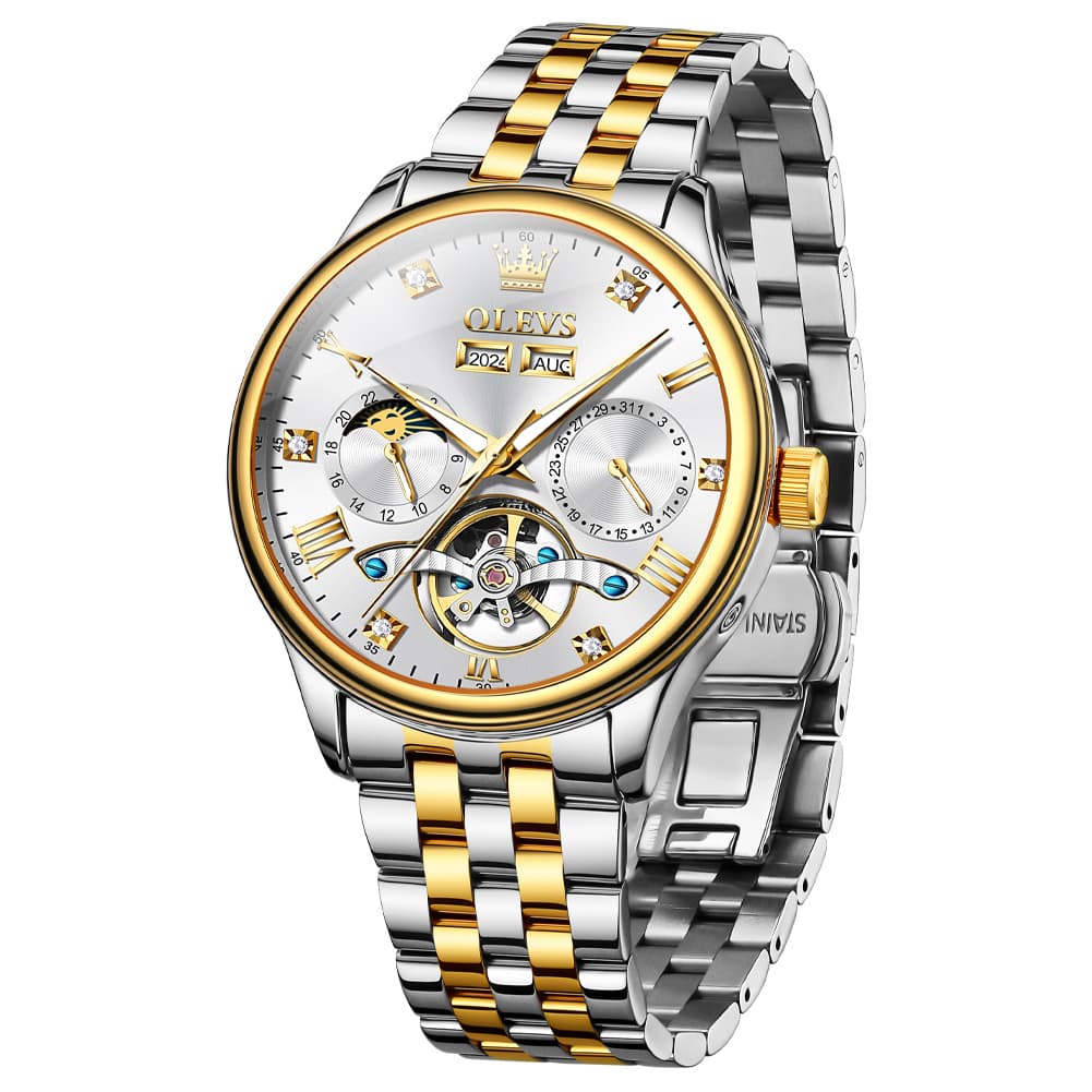 OLEVS 7023 Skeleton Moon Phase Automatic Watch for Men - All Gold Watch | Olevs Watch Store