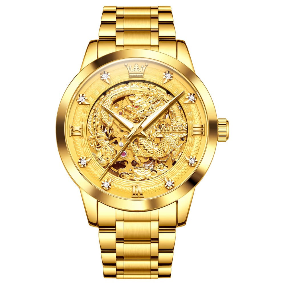 OLEVS 7027 Golden Dragon Automatic Mechanical Watch for Men - All Gold Watch | Olevs Watch Store