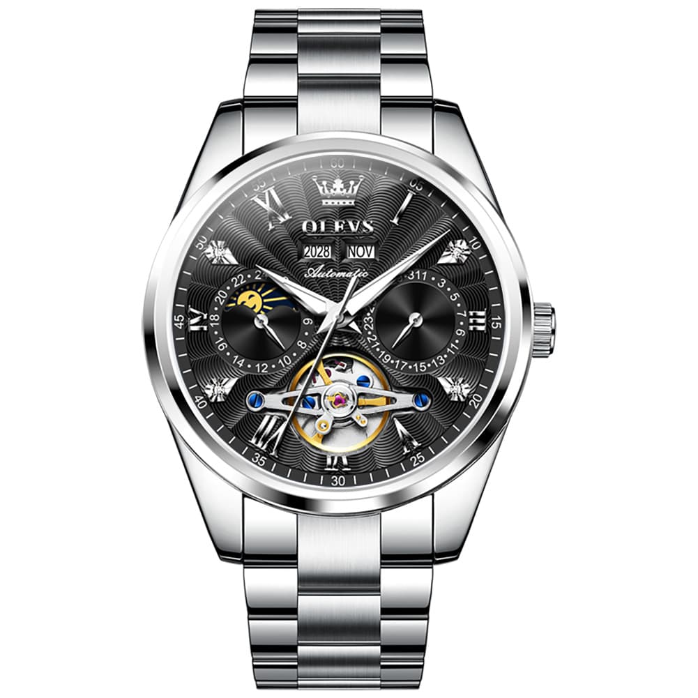OLEVS 7028 Open Heart Moon Phase Automatic Watch for Men - Silver Black Watch | Olevs Watch Store