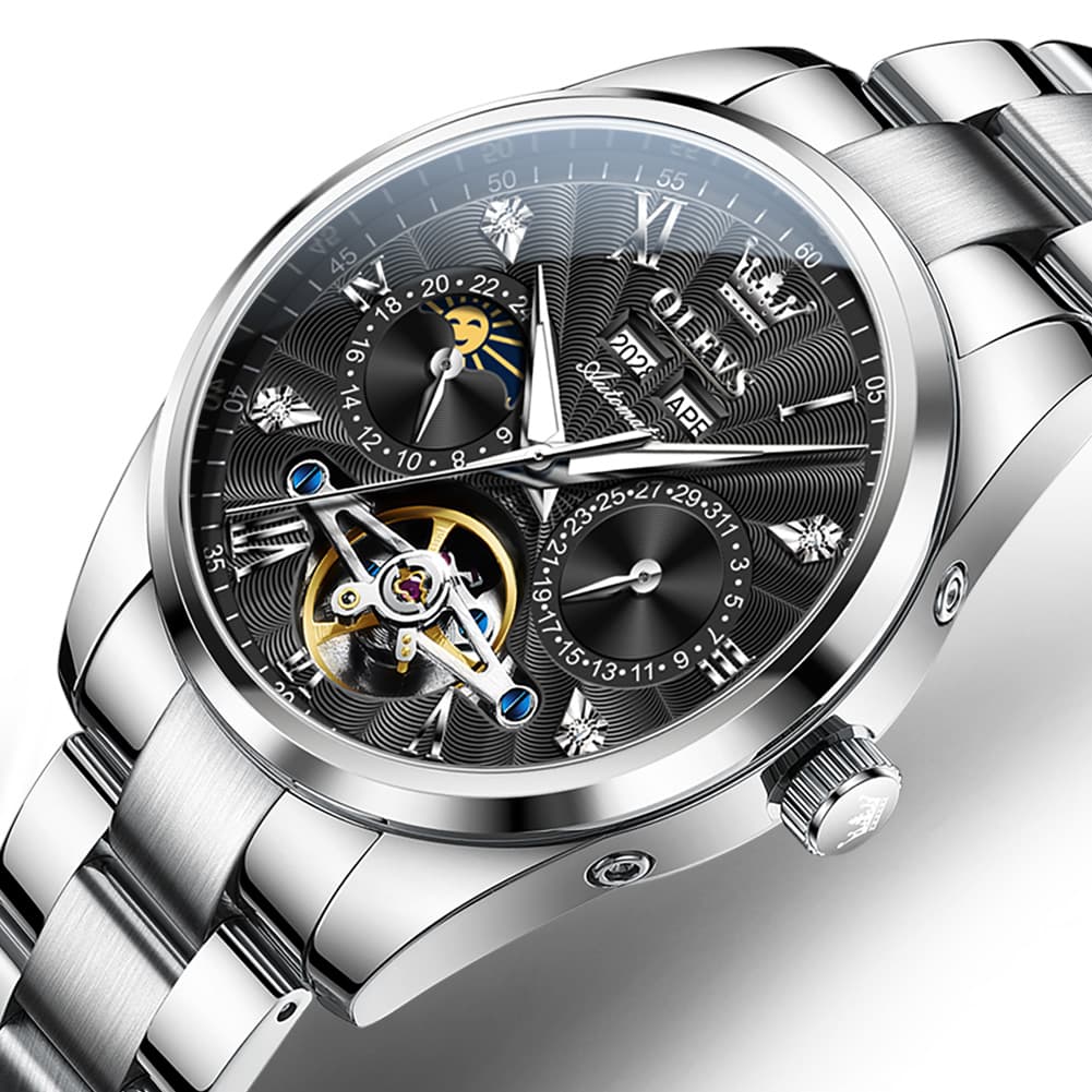 OLEVS 7028 Open Heart Moon Phase Automatic Watch for Men - Silver Black Watch | Olevs Watch Store