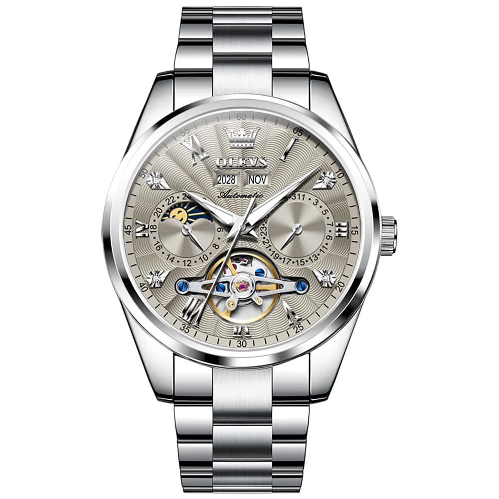 OLEVS 7028 Open Heart Moon Phase Automatic Watch for Men - Silver Black Watch | Olevs Watch Store