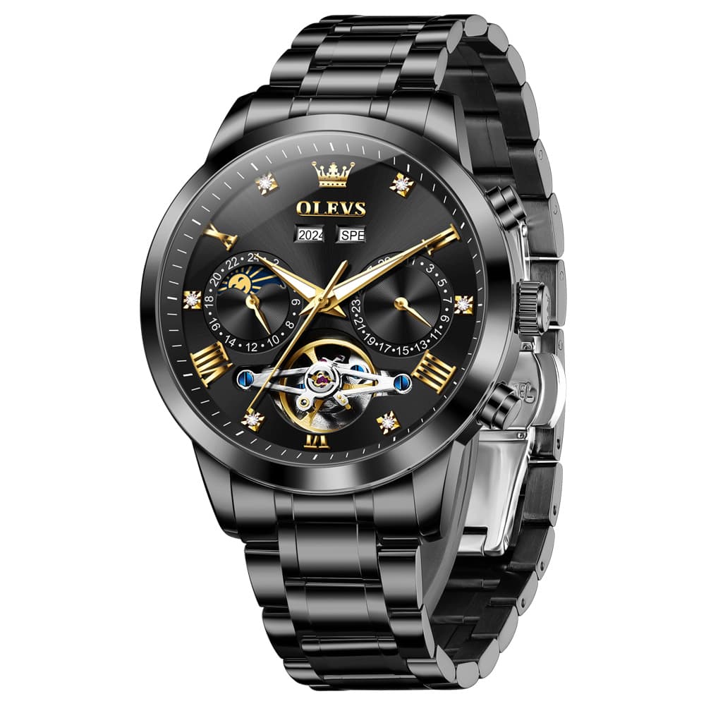OLEVS 7029 Open Heart Automatic Mechanical Watch For Men - All Black Watch | Olevs Watch Store
