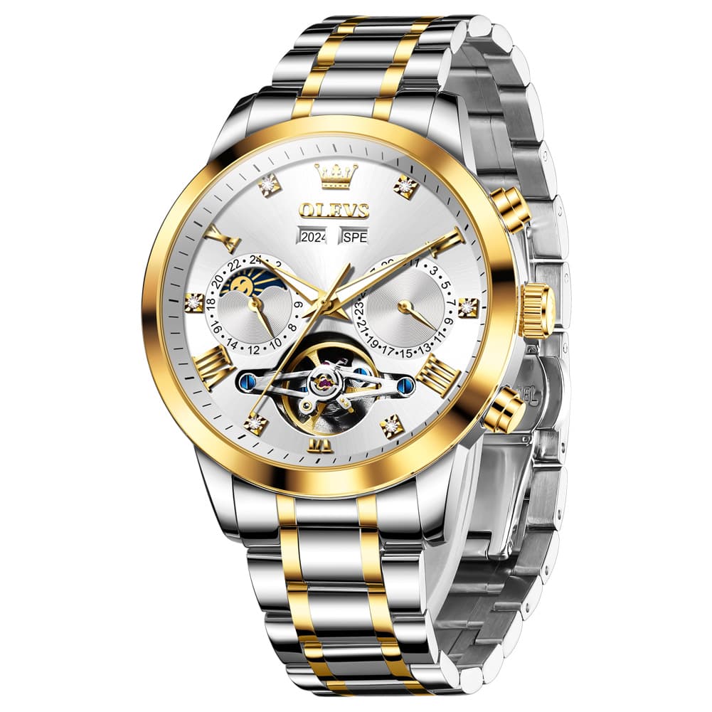 OLEVS 7029 Open Heart Automatic Mechanical Watch For Men - Two Tone White Watch | Olevs Watch Store