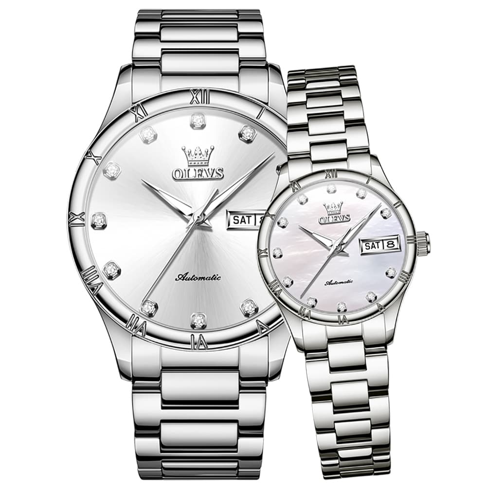 OLEVS 7030 Automatic Mechanical Couples Watch Set - All Silver Watch | Olevs Watch Store