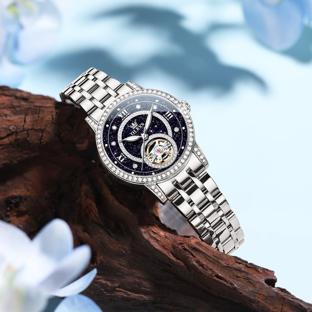 OLEVS 7036 Open Heart Automatic Watch For Women - Silver Mother of Pearl Watch | Olevs Watch Store