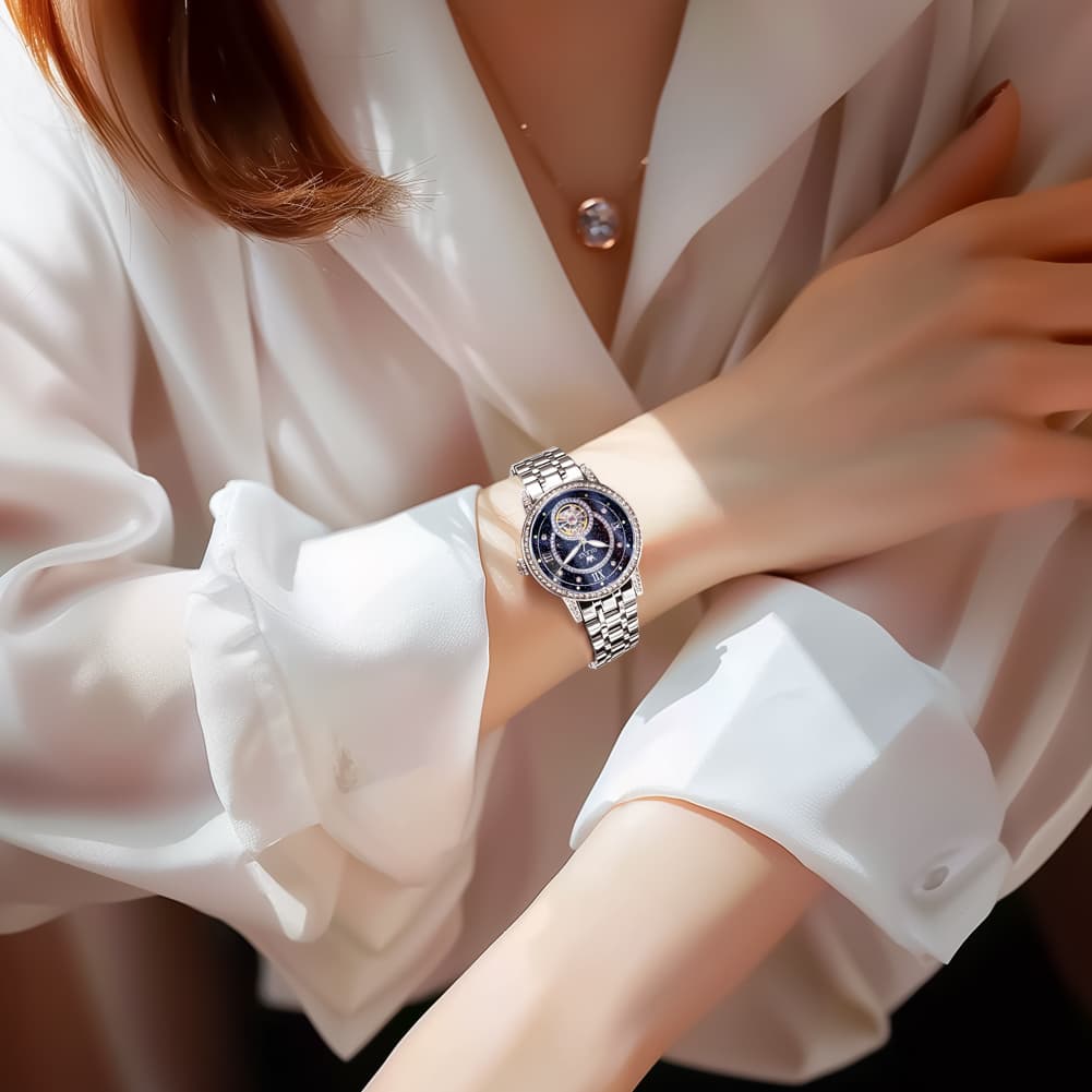OLEVS 7036 Open Heart Automatic Watch For Women - Silver Mother of Pearl Watch | Olevs Watch Store