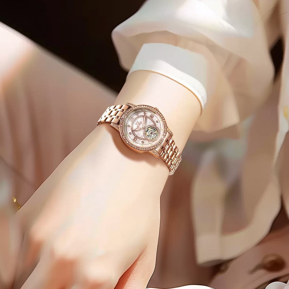 OLEVS 7036 Open Heart Automatic Watch For Women - Silver Mother of Pearl Watch | Olevs Watch Store