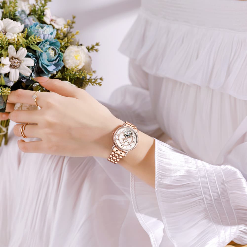 OLEVS 7036 Open Heart Automatic Watch For Women - Silver Mother of Pearl Watch | Olevs Watch Store
